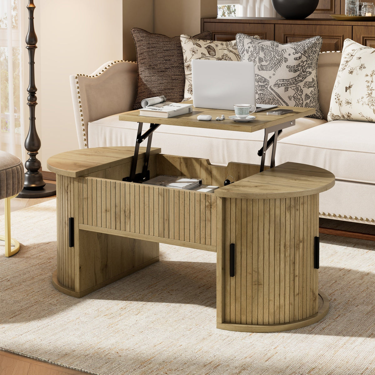 Modern Height-Adjustable Coffee Table with Hidden Storage and Sliding Doors, Wood