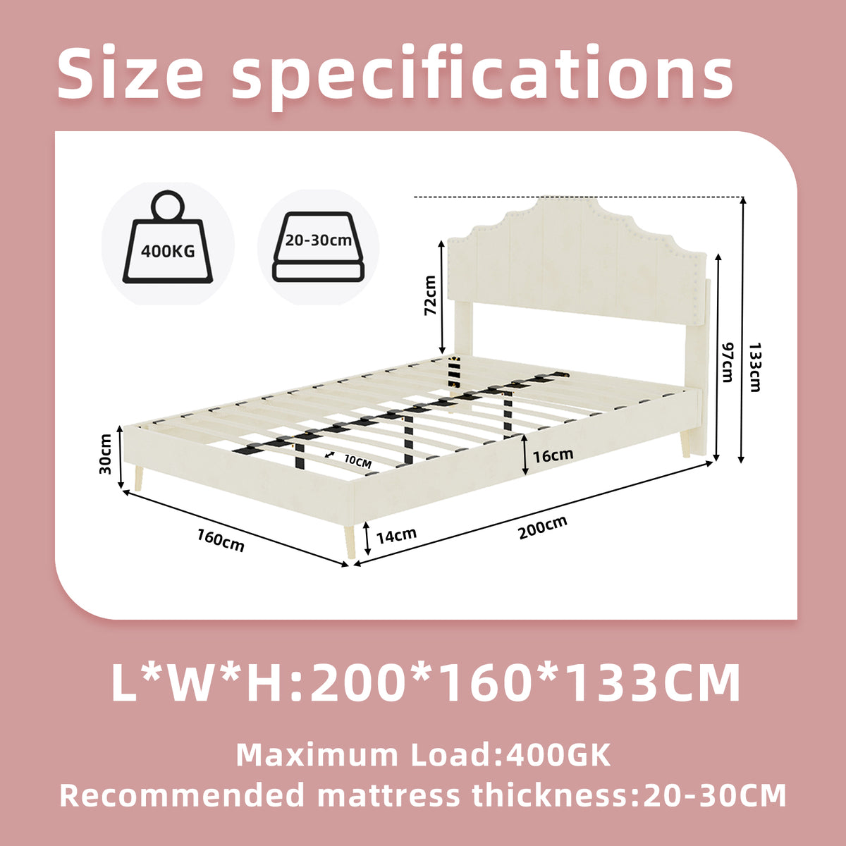 Modern Minimalist Soft Bed with 160x200cm Mattress, Beige