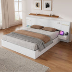 Double Bed with USB Port, Bluetooth Speaker, LED and 2 Bedside Tables, 180x200cm, White Wood