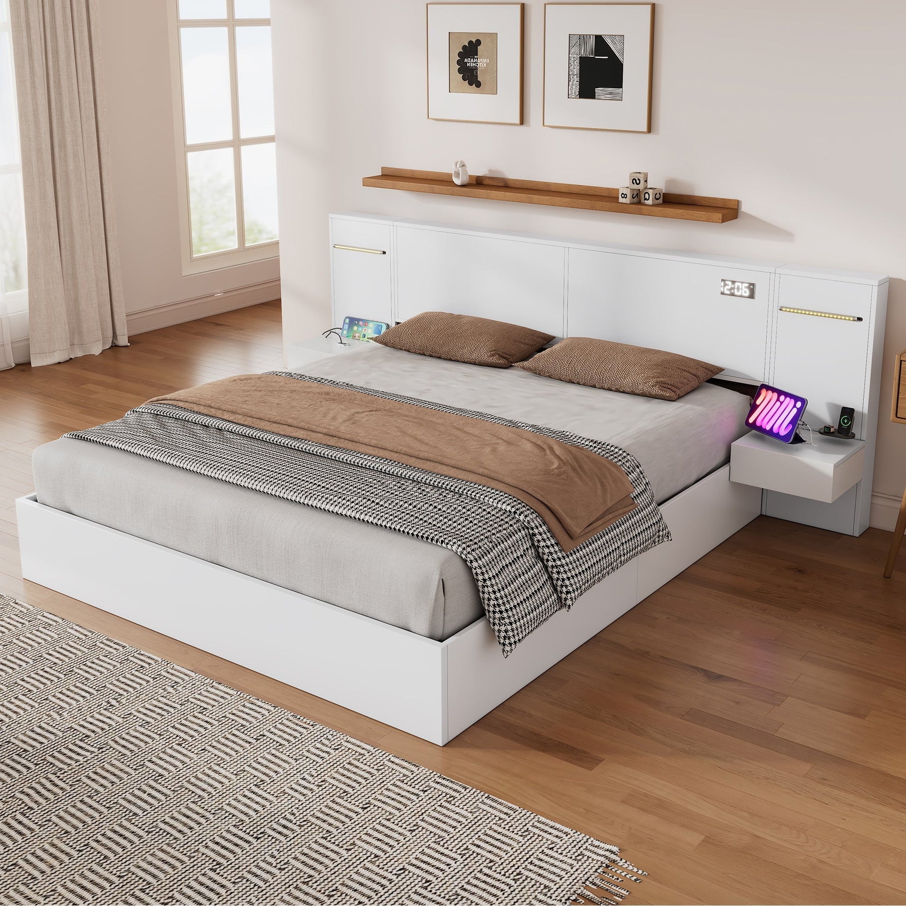 Double Bed with USB Port, Bluetooth Speaker, LED and 2 Bedside Tables, 180x200cm, White Wood