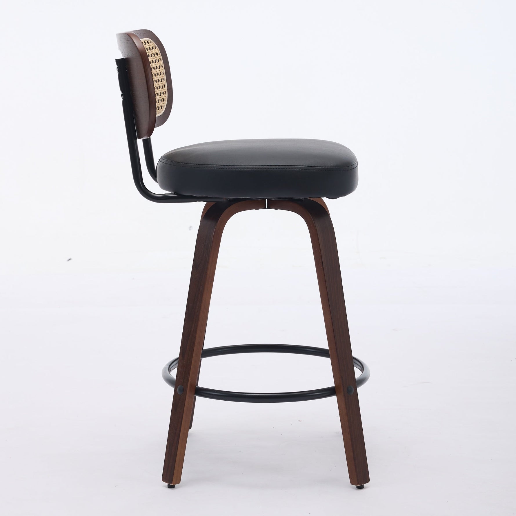 Set of 2 Counter Height Bar Stools with Swivel and Rattan Cane Back, Walnut Black