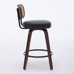 Set of 3 Counter Height Bar Stools Swivel Rattan Cane Back 26 inch Upholstered Seat Walnut Black