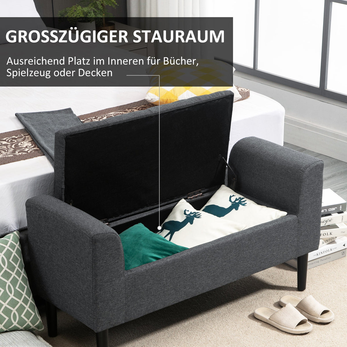 Bench with Storage, Upholstered Stool Chest, Dark Grey Linen