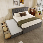 Upholstered Double Bed with 3 Drawers and Extendable Bed, 140x200cm, Grey