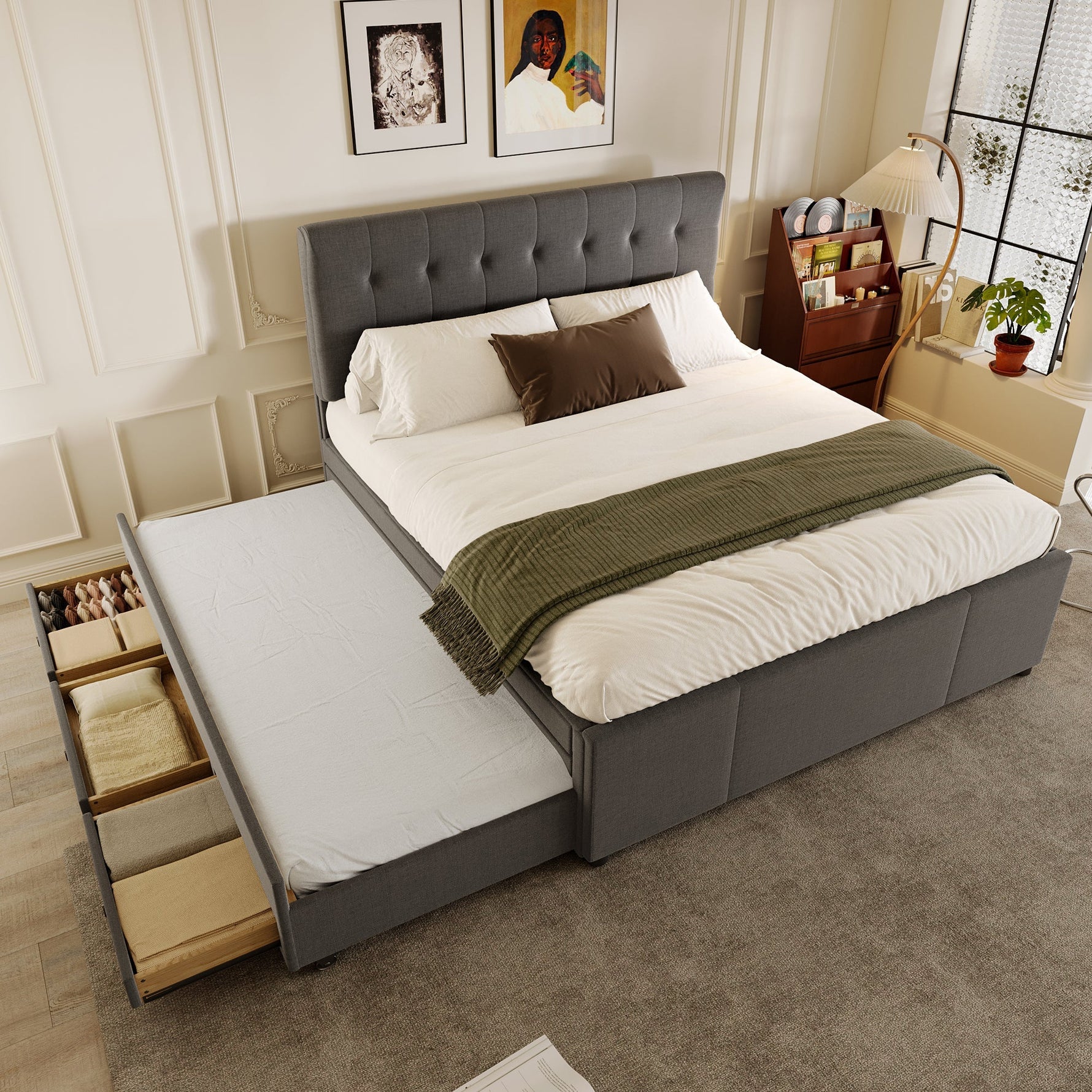 Upholstered Double Bed with 3 Drawers and Extendable Bed, 140x200cm, Grey