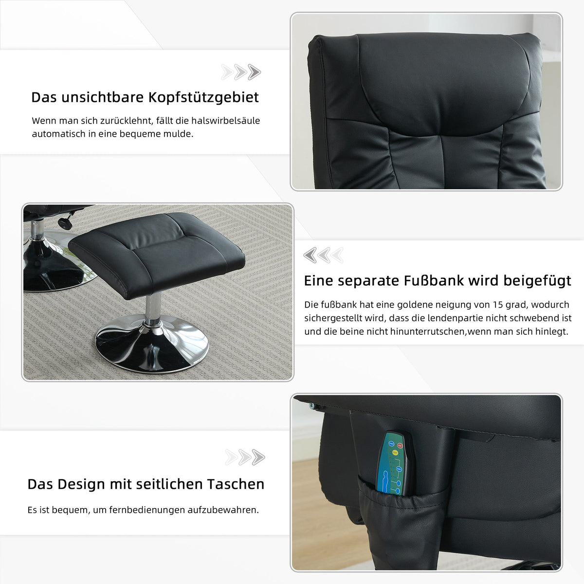 024 Recliner Chair, 5-Point Massage, Electric Heat & Footstool, 360° Swivel, Black PU Fabric