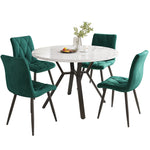 Dining Table Set 5-Piece Round Marble 4 Chairs Black Metal Legs Green Suede