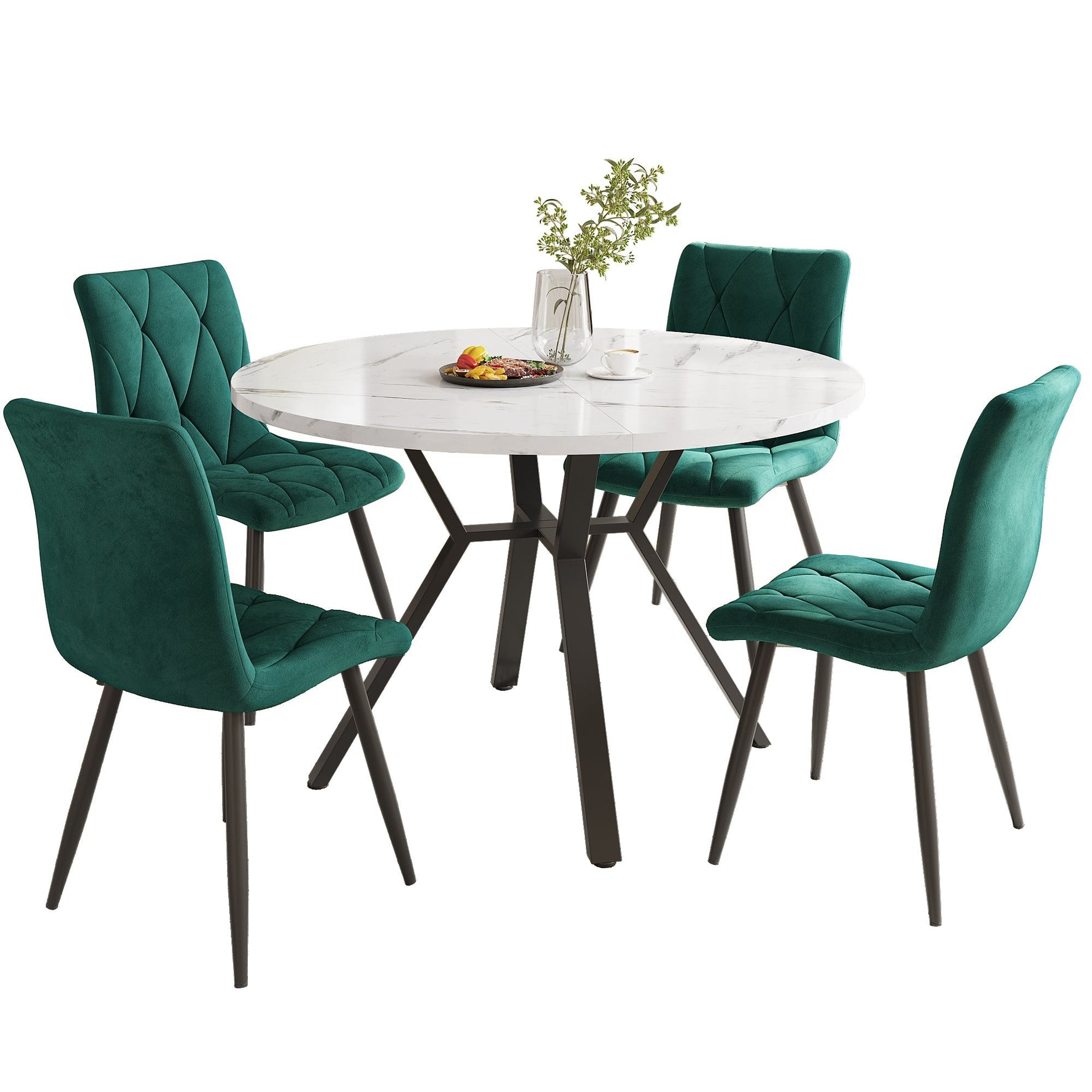 Dining Table Set 5-Piece Round Marble 4 Chairs Black Metal Legs Green Suede