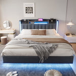 Upholstered Bed, 160*200 LED, USB, Storage Headboard, Grey Linen