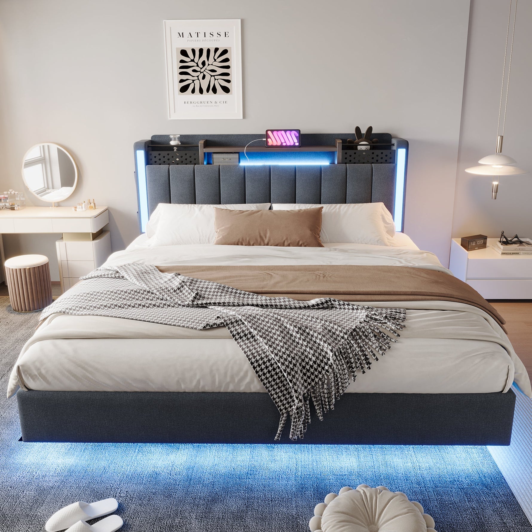 Upholstered Bed, 160*200 LED, USB, Storage Headboard, Grey Linen