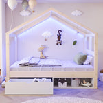 Wooden Bed with Drawers, Shoe Cabinet and LED Lighting, 90x190cm, Wood Color