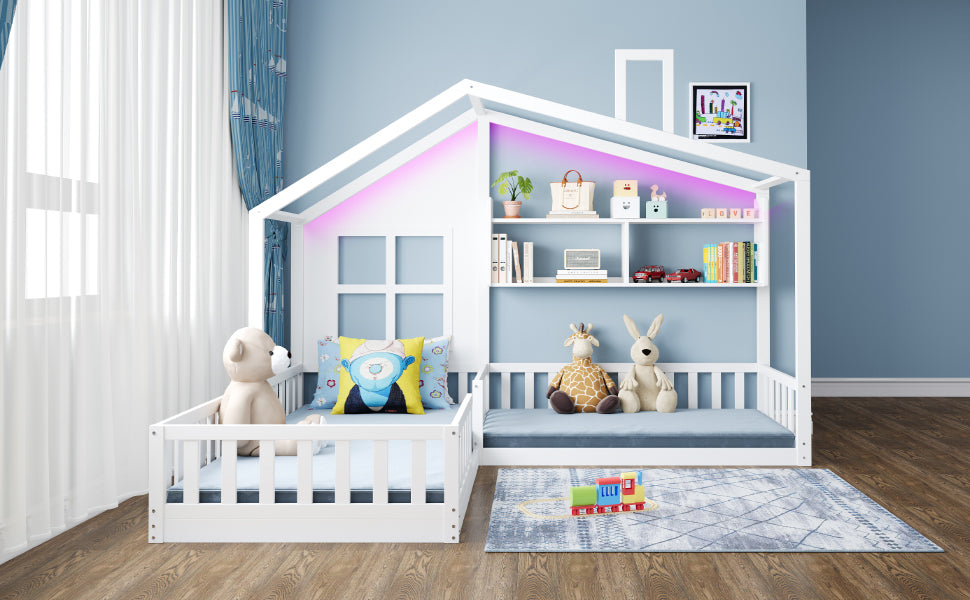 Children's Bed with Window, Shelves and LED Light Strip, 90x200cm, White Solid Wood