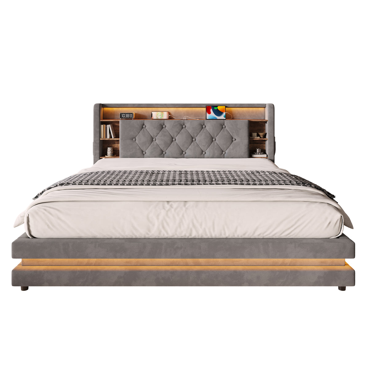 Upholstered Bed 160x200 with Storage & LED, Dark Gray Velvet