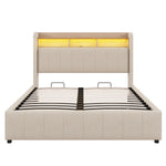 Upholstered Bed 140x200cm with Storage & LED, Beige Linen