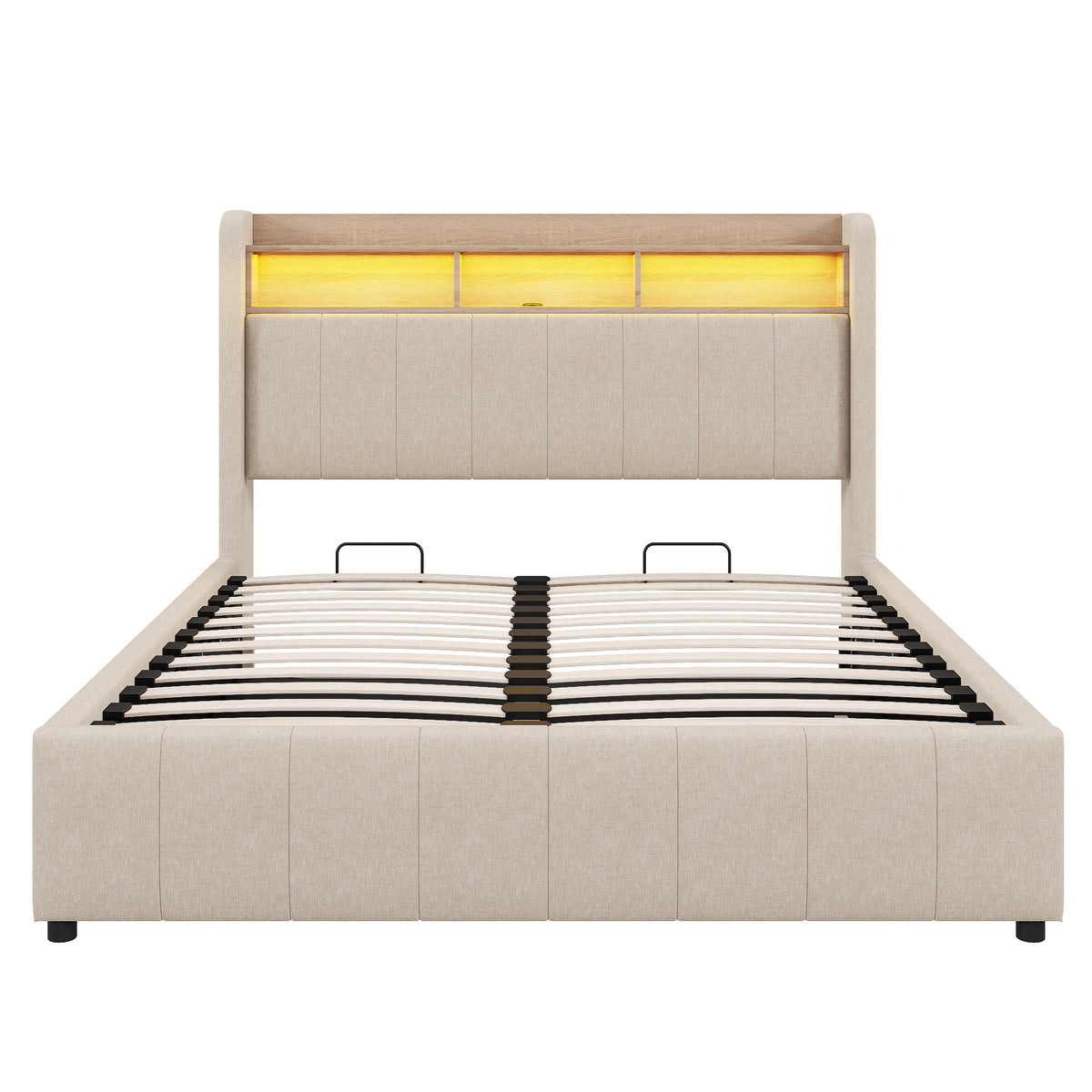 Upholstered Bed 140x200cm with Storage & LED, Beige Linen