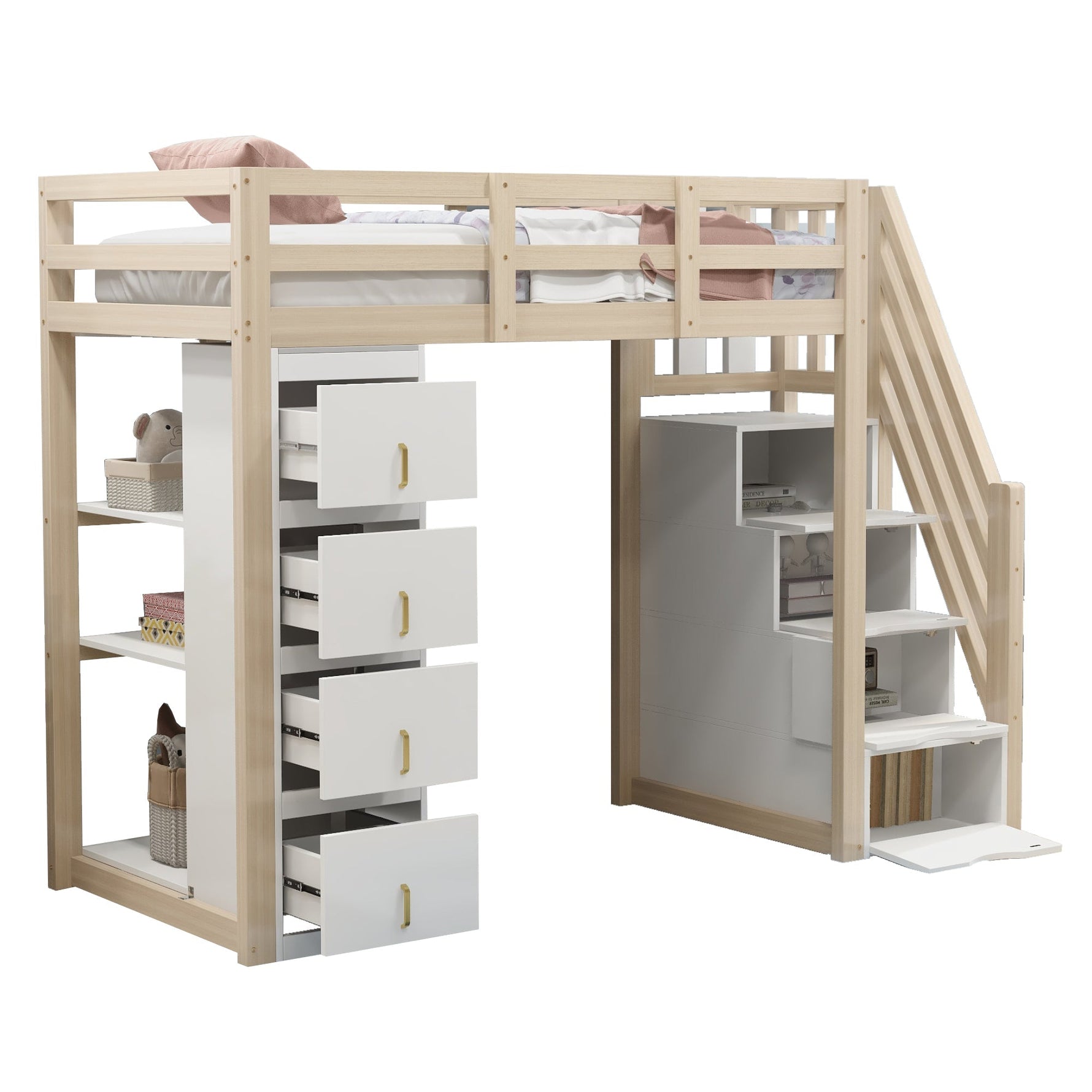 Loft Bed, 90 x 200 cm with Storage & Ladder, Solid Wood
