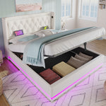Upholstered Double Bed 180x200 with Storage & LED, White PU