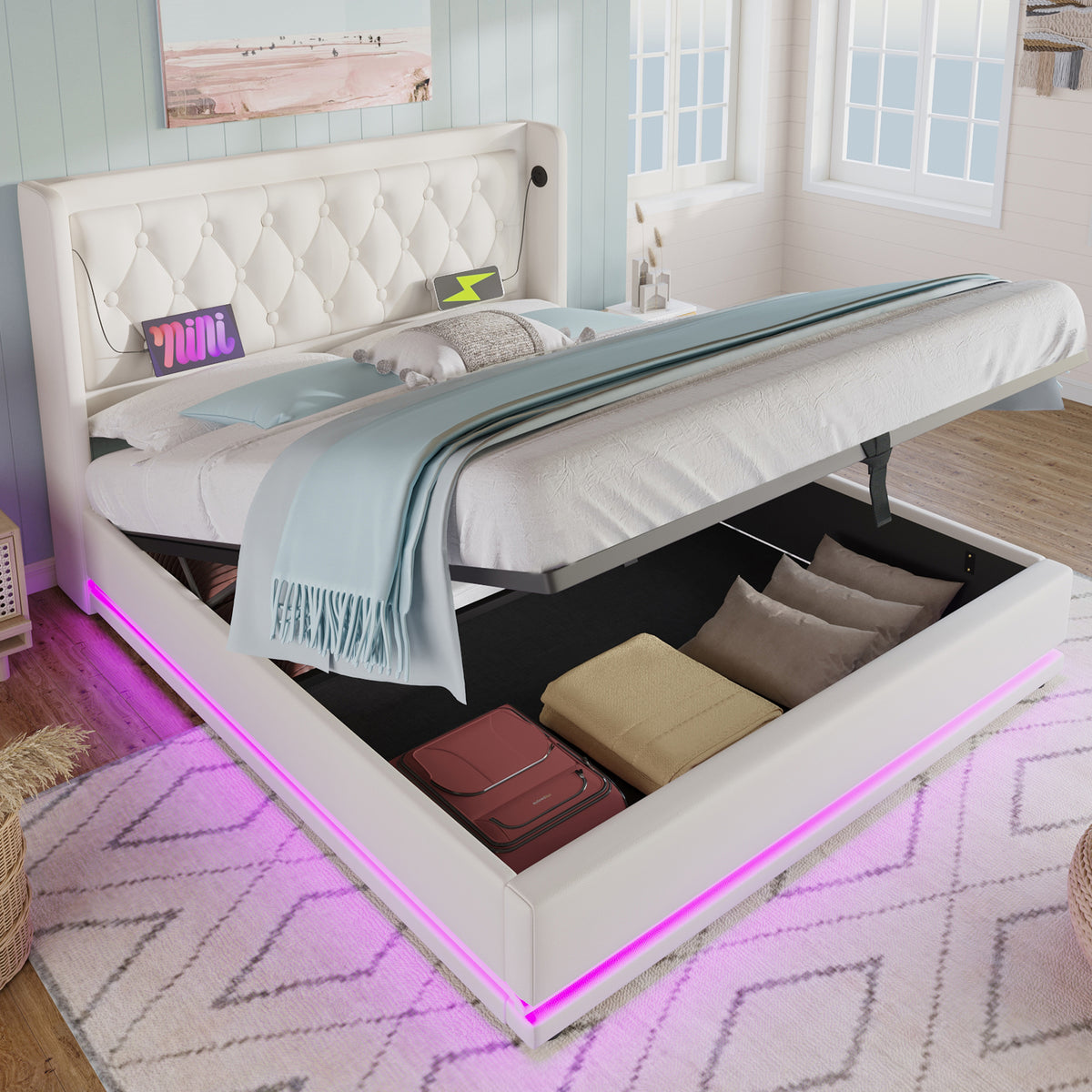 Upholstered Double Bed 180x200 with Storage & LED, White PU