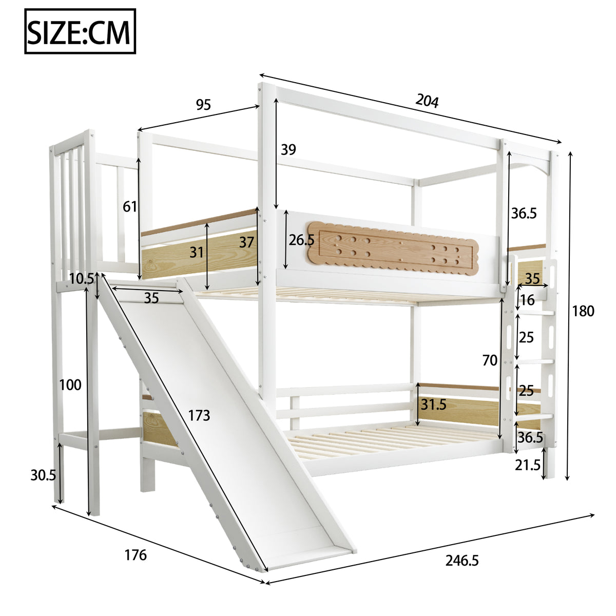 Children's Bunk Bed 90x200 with House Frame & Slide, Wood Color