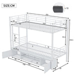 Iron Bunk Bed with Storage, Ladder, and Safety Rail, 90x200cm White