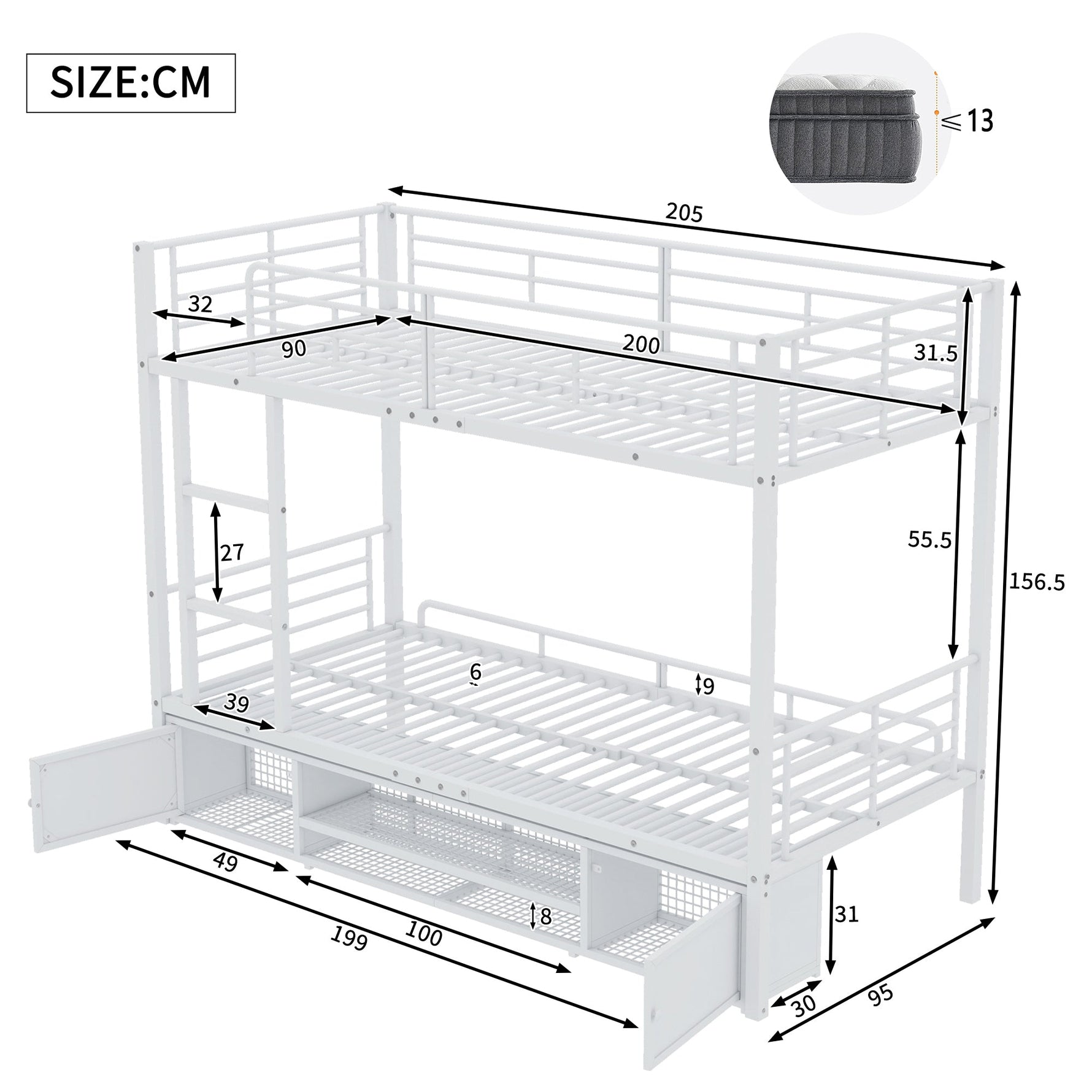 Iron Bunk Bed with Storage, Ladder, and Safety Rail, 90x200cm White