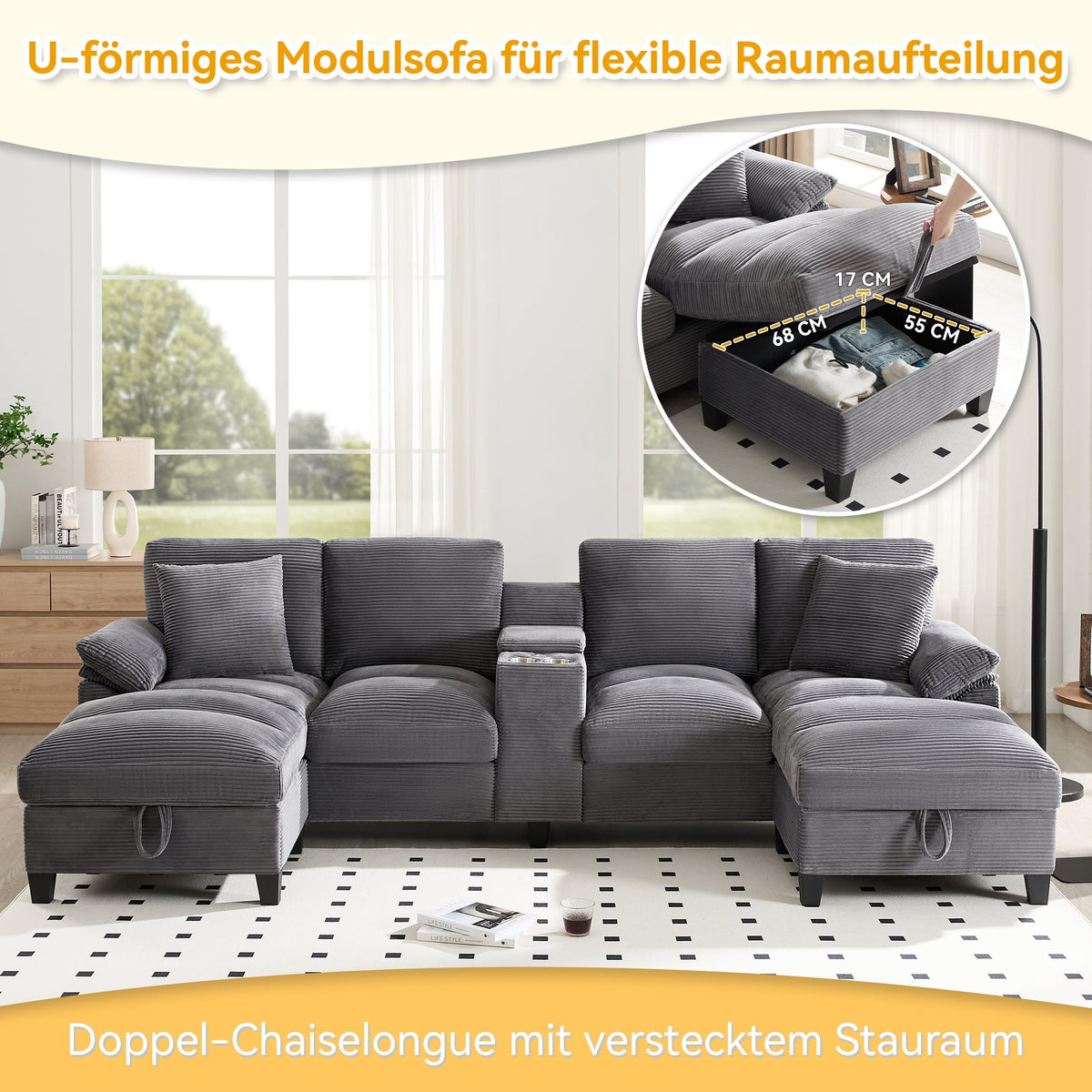 U-Shaped Sofa 4-Seater Oversized Storage USB Cup Holders - Corduroy