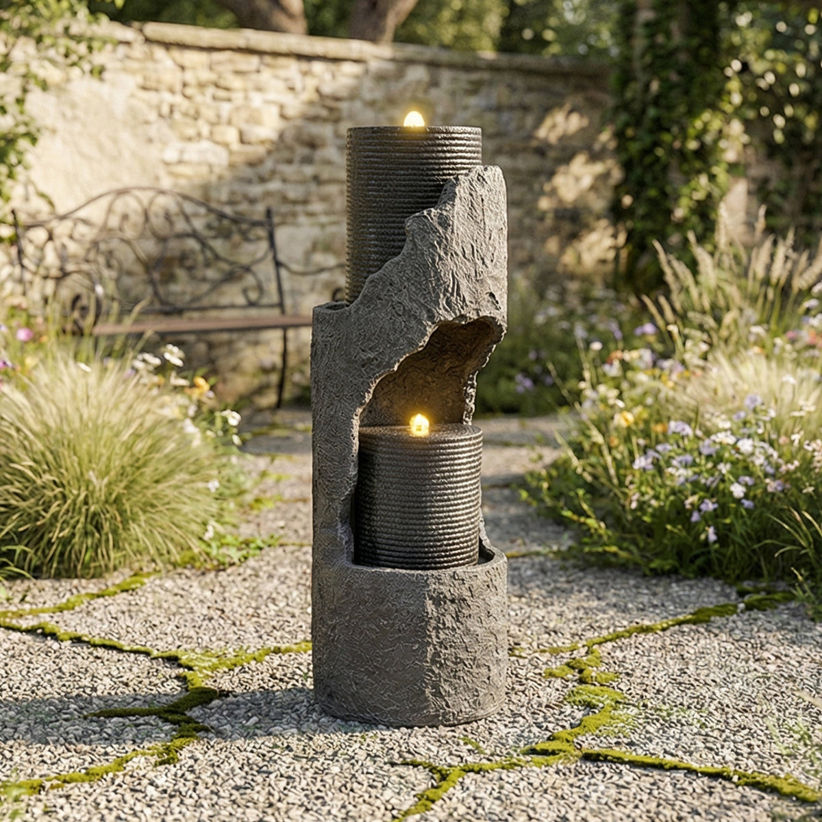 Garden Fountain with LED Lighting, Water Pump and Decorative Basin, Grey Artificial Stone
