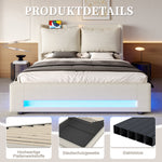 Modern Upholstered Bed with Storage, LED Light, USB-C Ports - 140x200cm