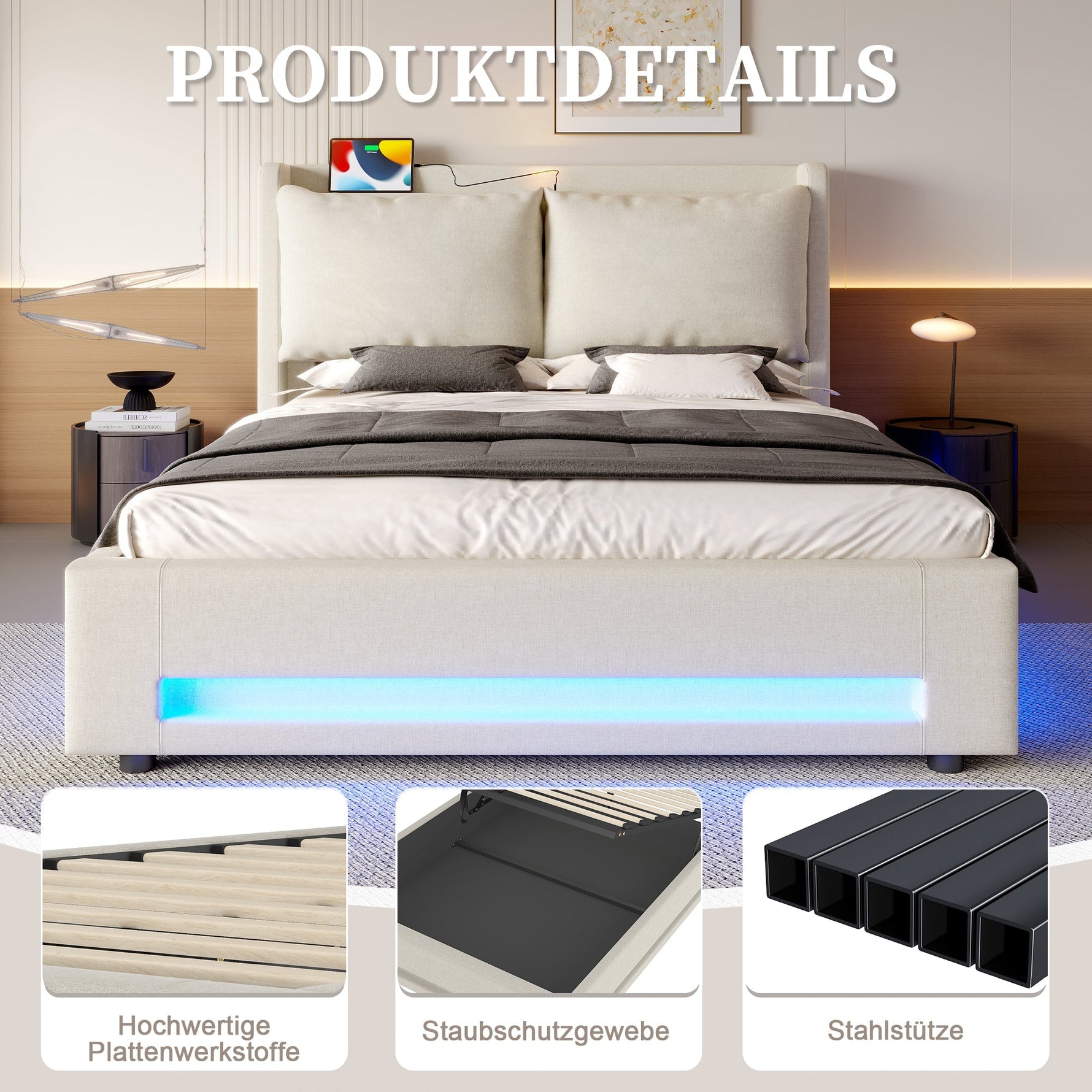 Modern Upholstered Bed with Storage, LED Light, USB-C Ports - 140x200cm