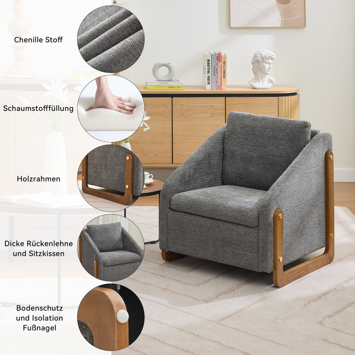 057 Armchair, Accent Lounge Chair with Wooden Armrests & Back Cushion, Grey Chenille Fabric