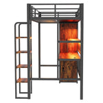 Metal Loft Bed with Large Desk, Wardrobe and LED Light Strip, Black