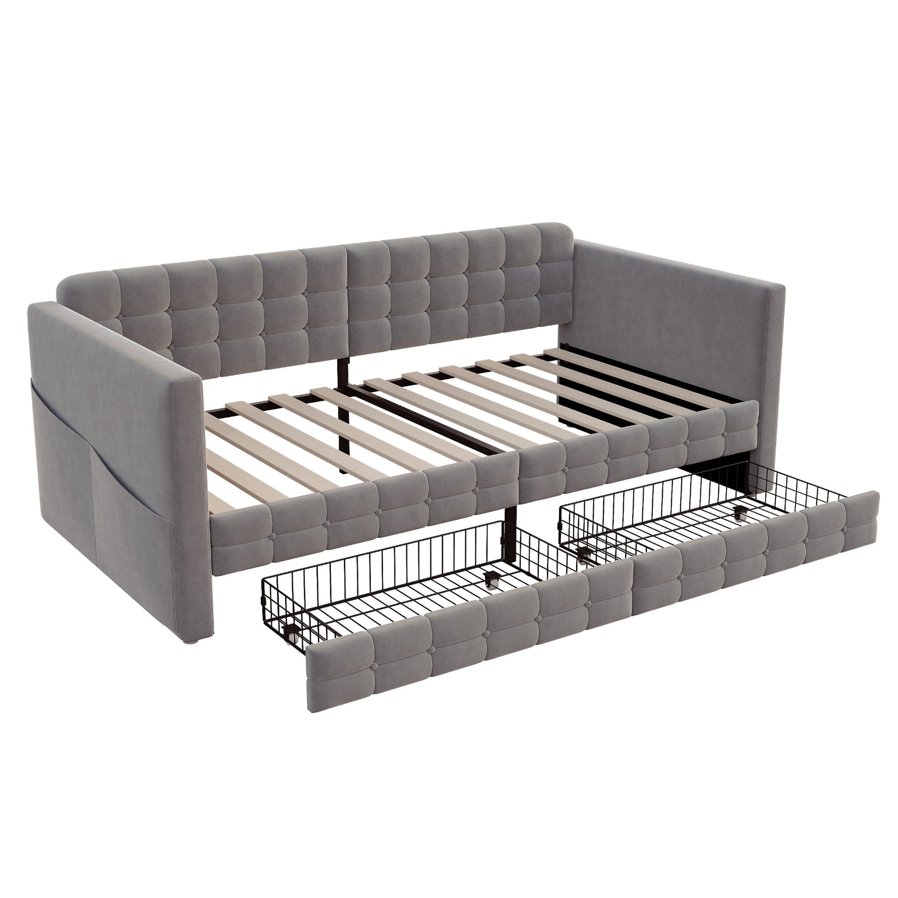 Upholstered Sofa Bed 90x190 with Side Storage and Drawers, Grey Velvet