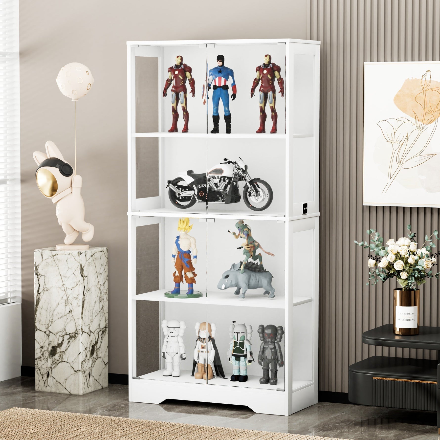 Four-tier Glass Display Case with Storage, LED, Smart Sensors, Dustproof - White
