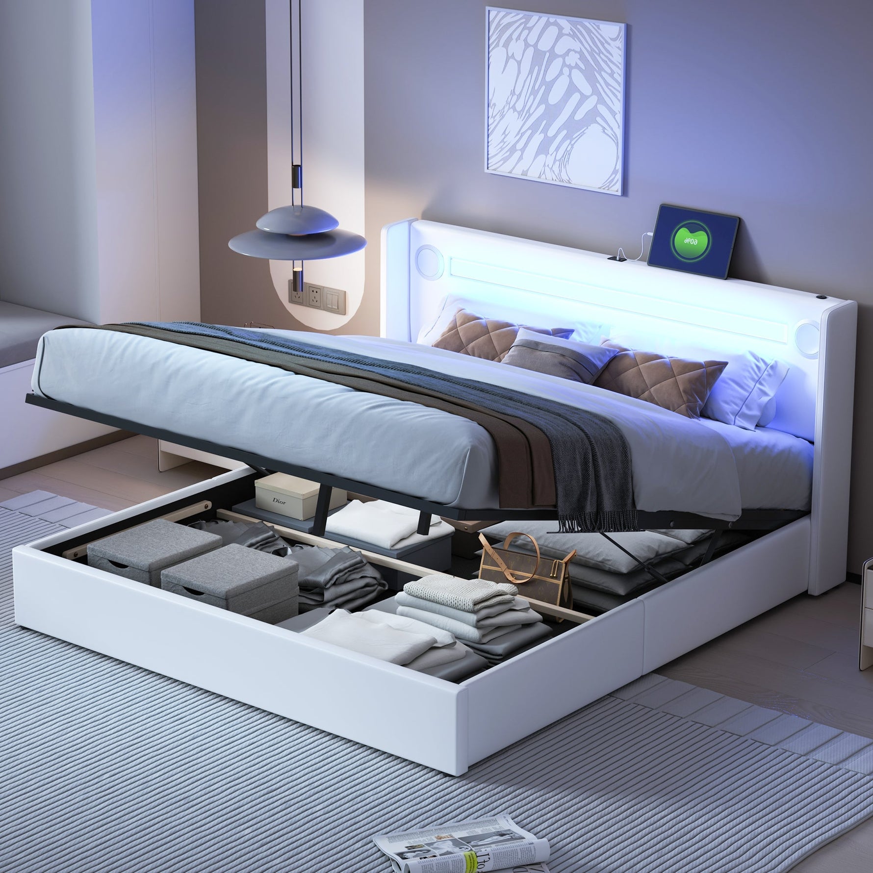 Multifunctional Upholstered Bed with LED Lighting, Bluetooth and USB Storage, White PU Leather