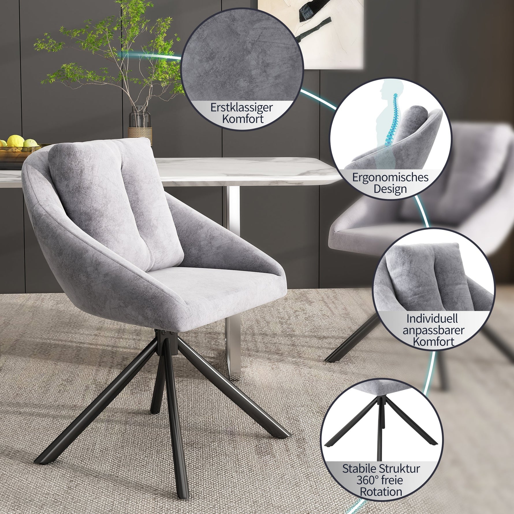 Swivel Dining Chair Set of 4 Ergonomic - Grey Velvet