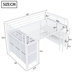 Children's Loft Bed 90x200 with Storage Stairs and Drawers, White Metal
