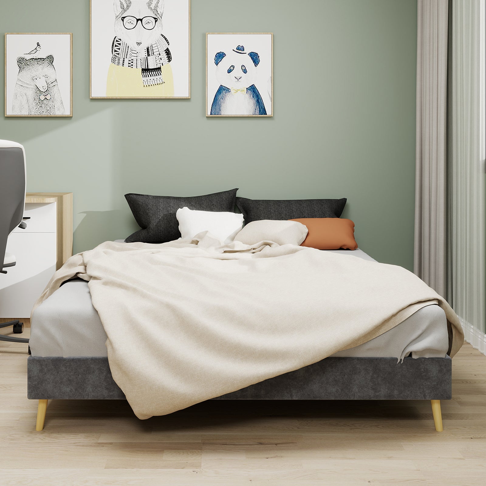 Modern Minimalist Bed Frame - 160x200 cm, Low-Profile, Grey Dutch Velvet