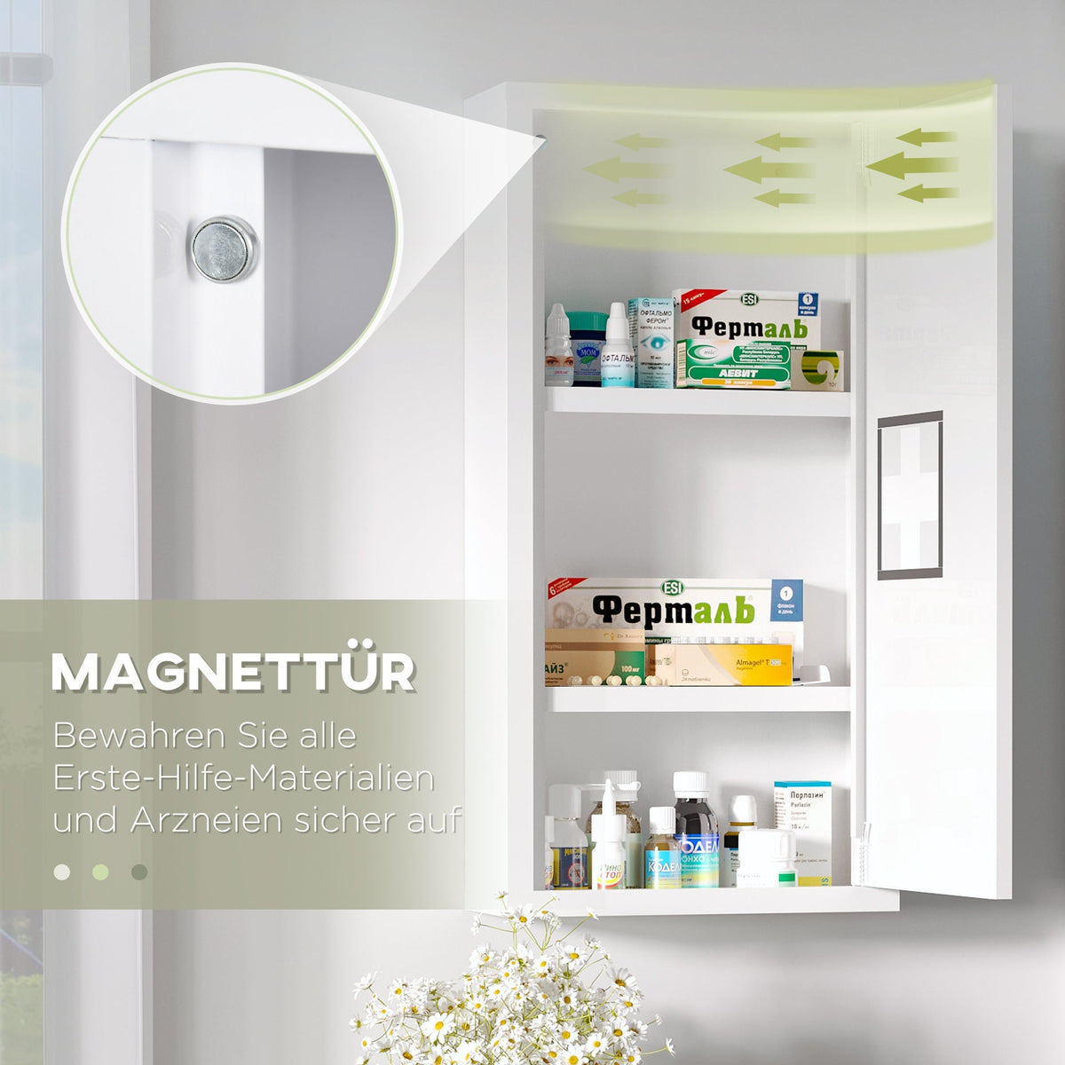 Medicine Cabinet First Aid 3 Inner Compartments Magnetic Closure 40x15x53.5 cm White