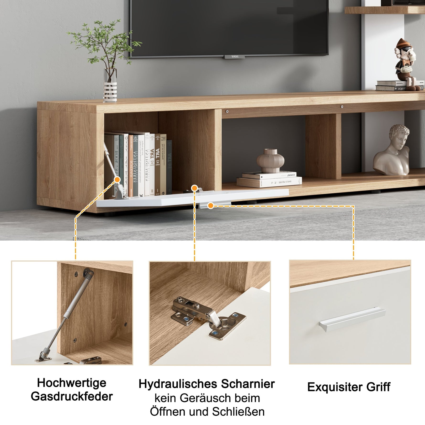 Living Room Wall Cabinet, 180x33.5x151.5cm, for TVs under 60 inches, Modern Oak White