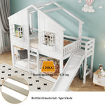 Bunk Bed with Slide, Roof & Window, Safety Gate, 3-Step Ladder, Pine + MDF, White, 90x200cm