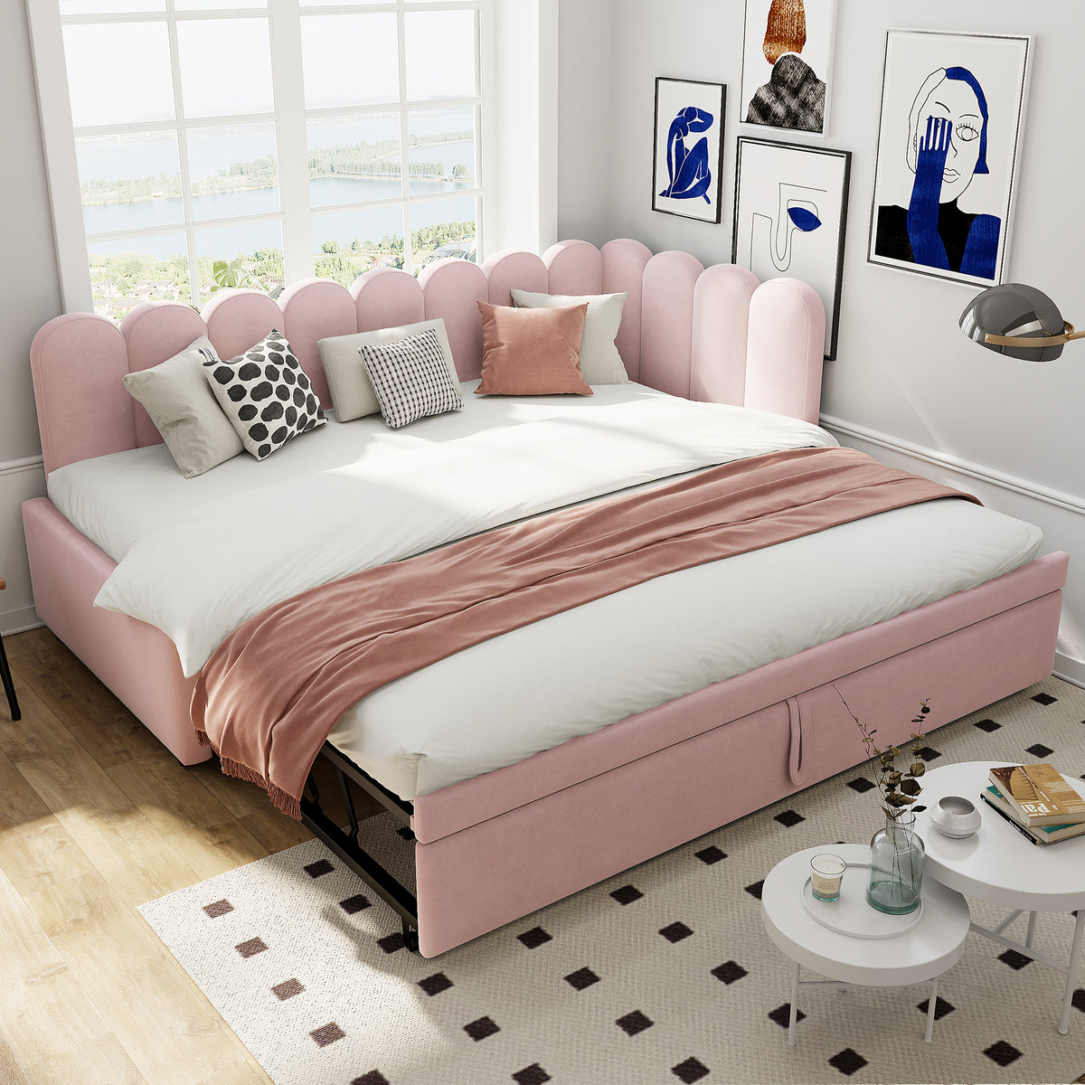 L-Shaped Sleeper Sofa Bed - 2-in-1 Space-Saving, Pink Velvet