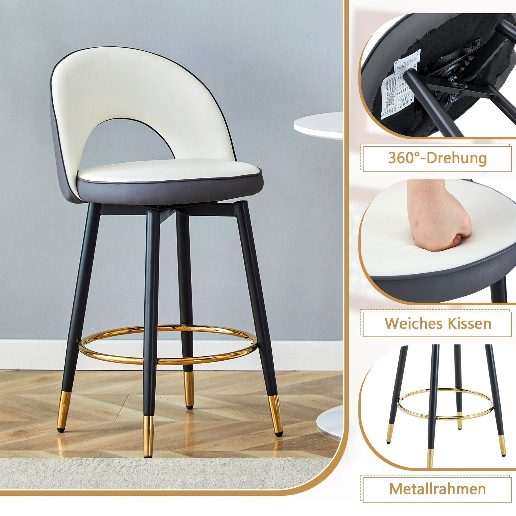 360° Swivel Bar Stool Set of 2 with Padded Seat and Open Back, Dark Grey and White PU Leather