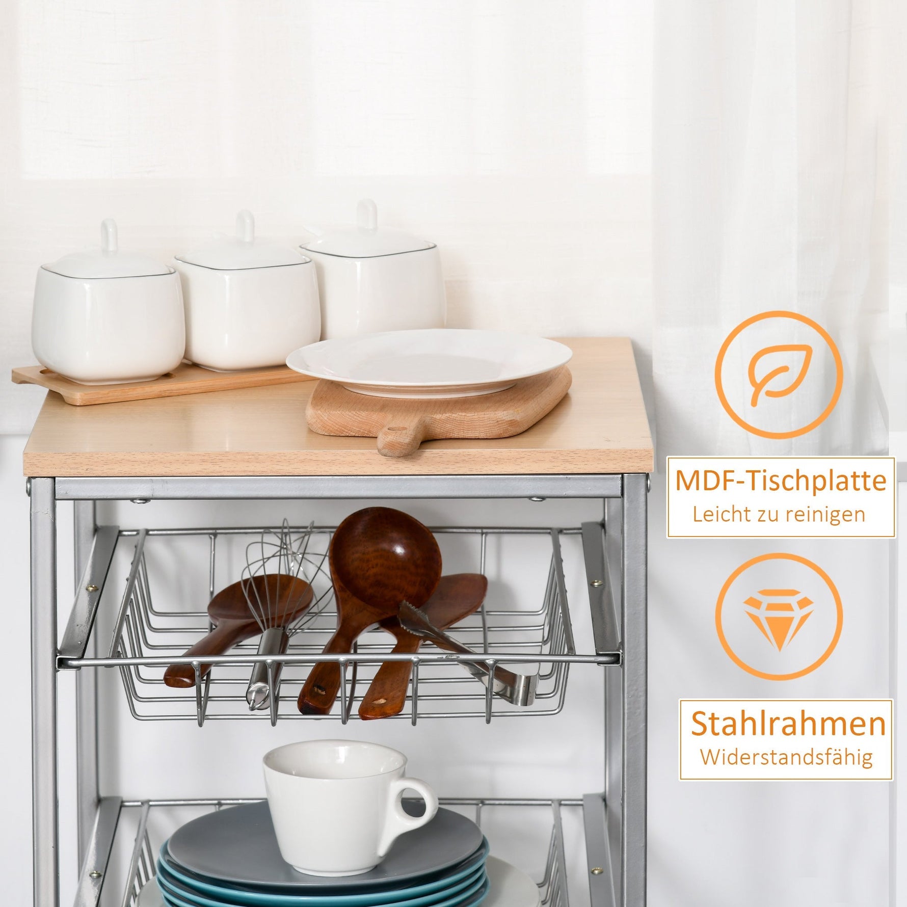 Serving Cart with Metal Baskets, 36.5 x 36.5 x 89 cm, Silver