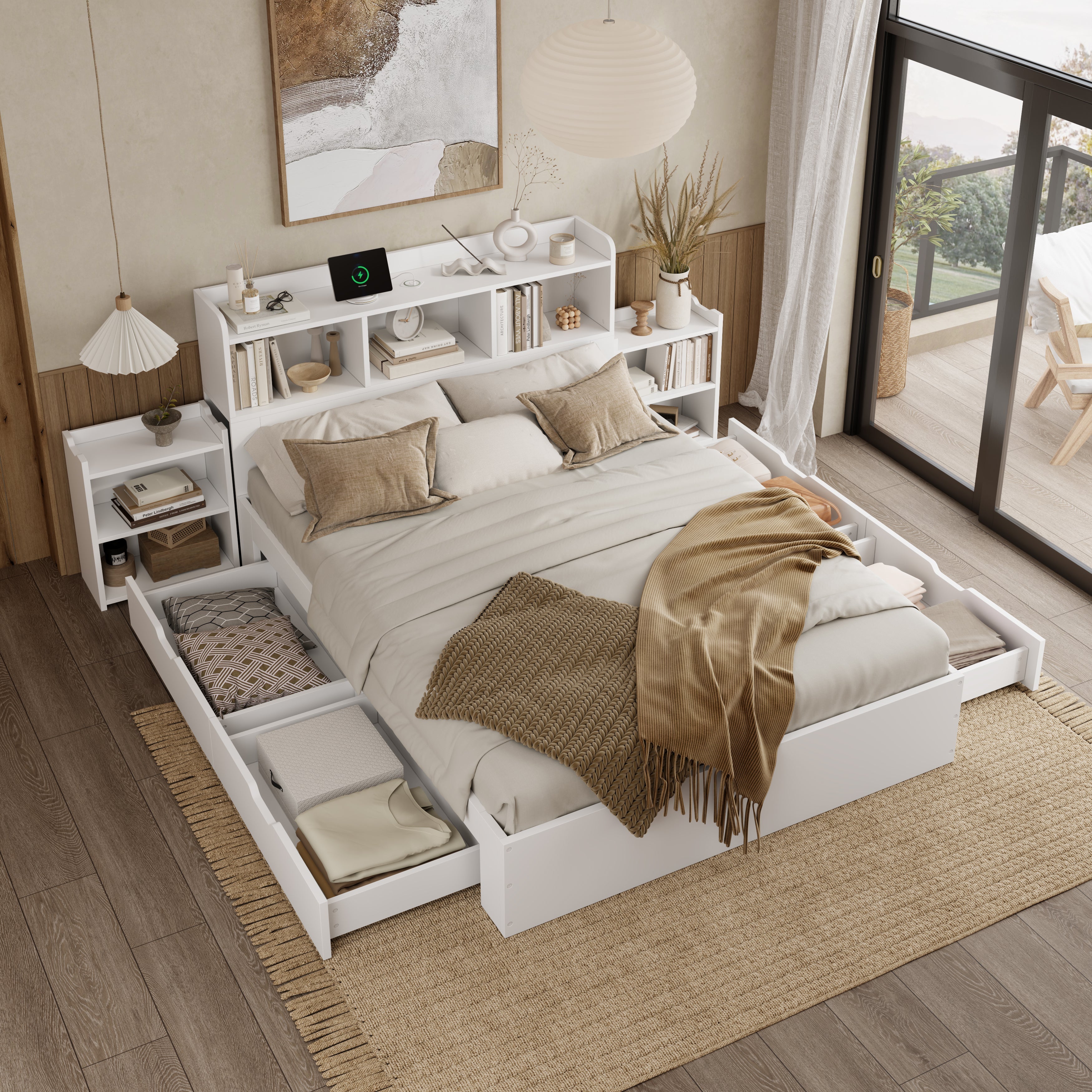 Wooden Double Bed 140x200cm with Integrated Charging, Storage Drawers and Pull-out Bedside Tables, White Wood