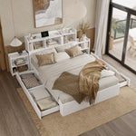 Wooden Double Bed 140x200cm with Integrated Charging, Storage Drawers and Pull-out Bedside Tables, White Wood