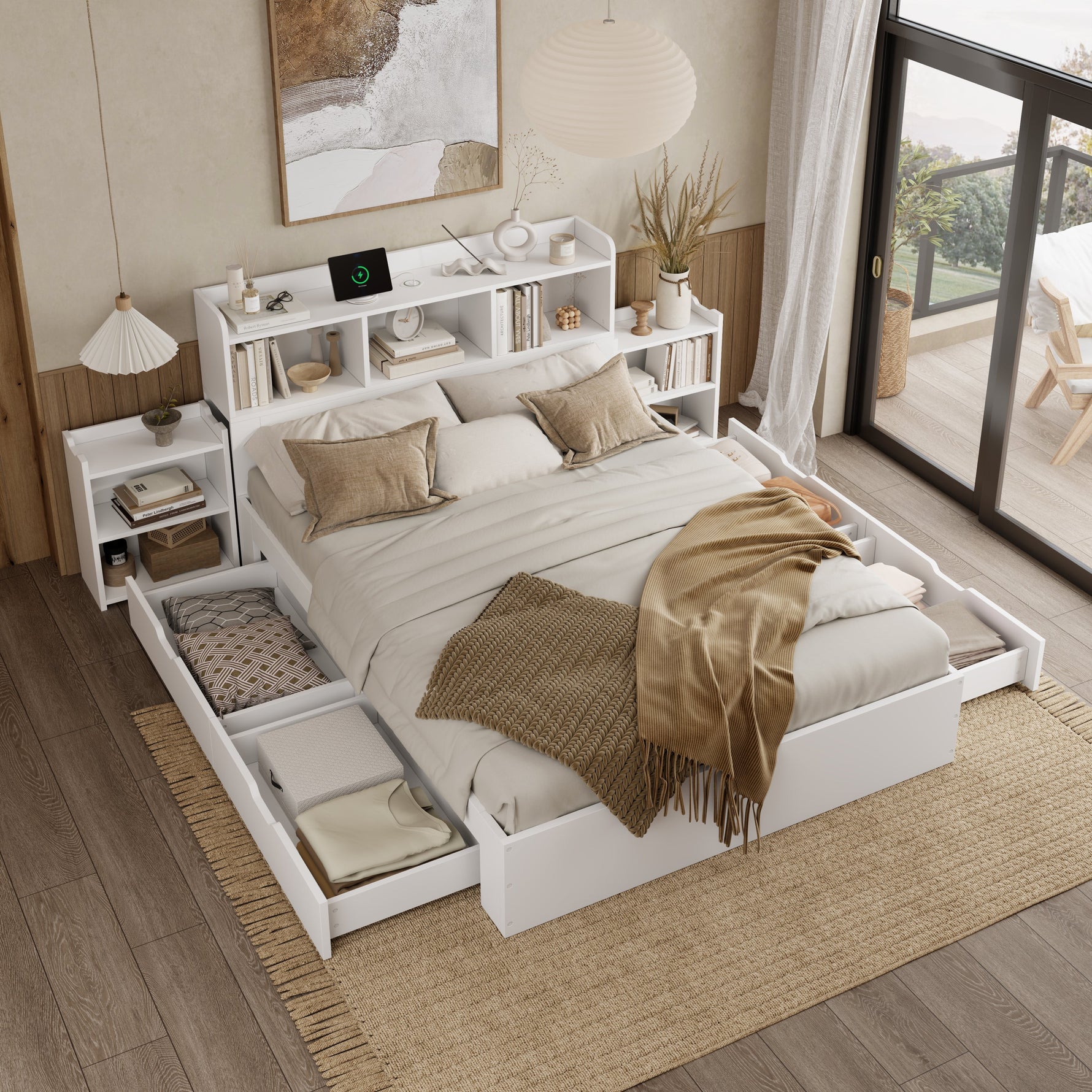 Wooden Double Bed 140x200cm with Integrated Charging, Storage Drawers and Pull-out Bedside Tables, White Wood