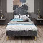 Bed, Upholstered with Cartoon Headboard, Low-Profile Non-Storage, Grey