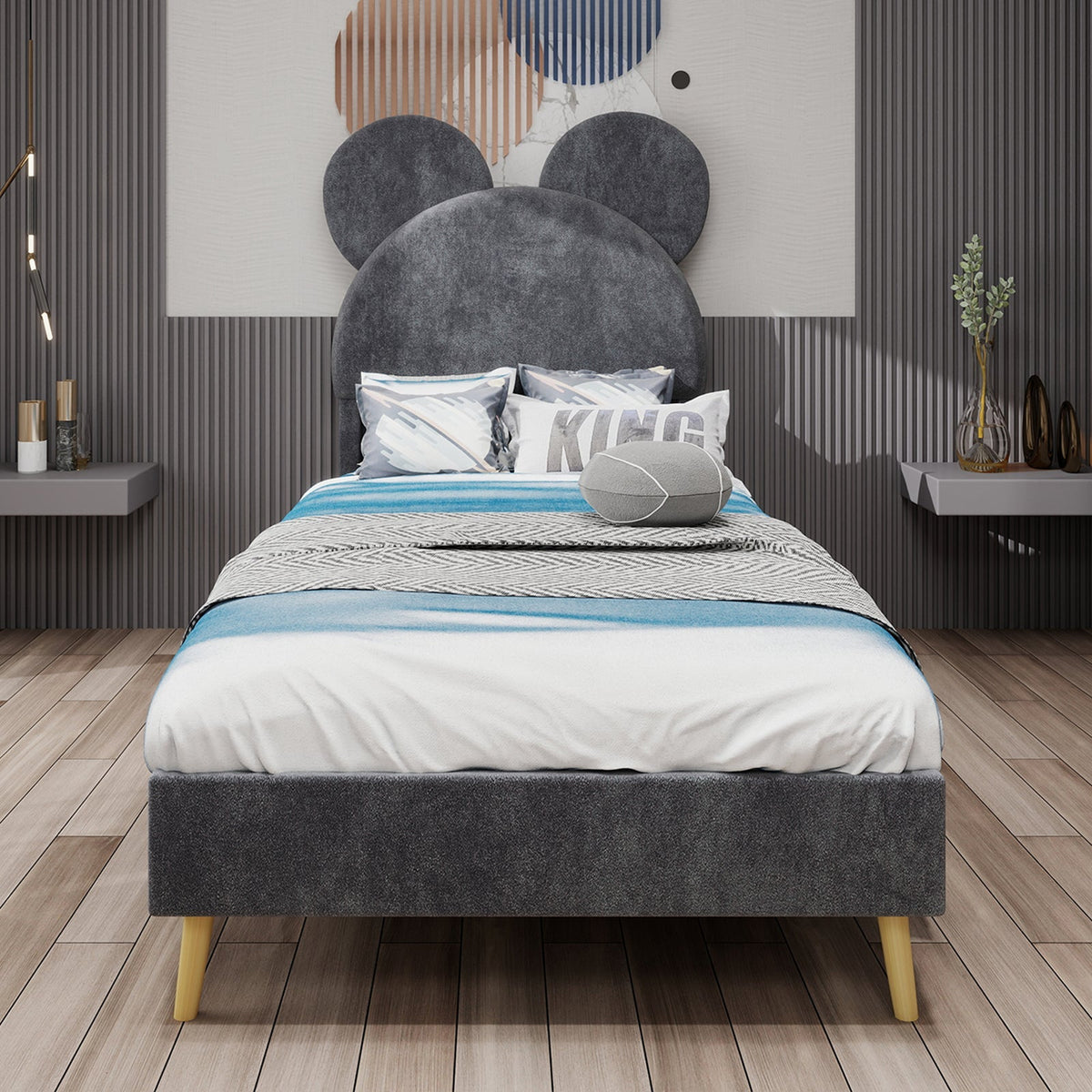 Bed, Upholstered with Cartoon Headboard, Low-Profile Non-Storage, Grey