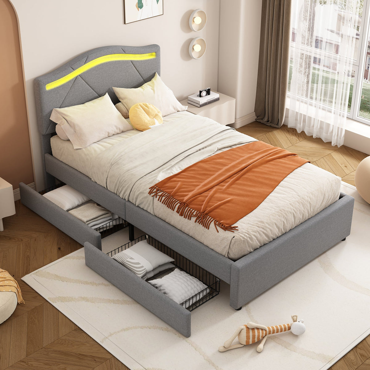 Upholstered Bed with LED Lights, 2 Drawers and Adjustable Headboard, Grey Linen