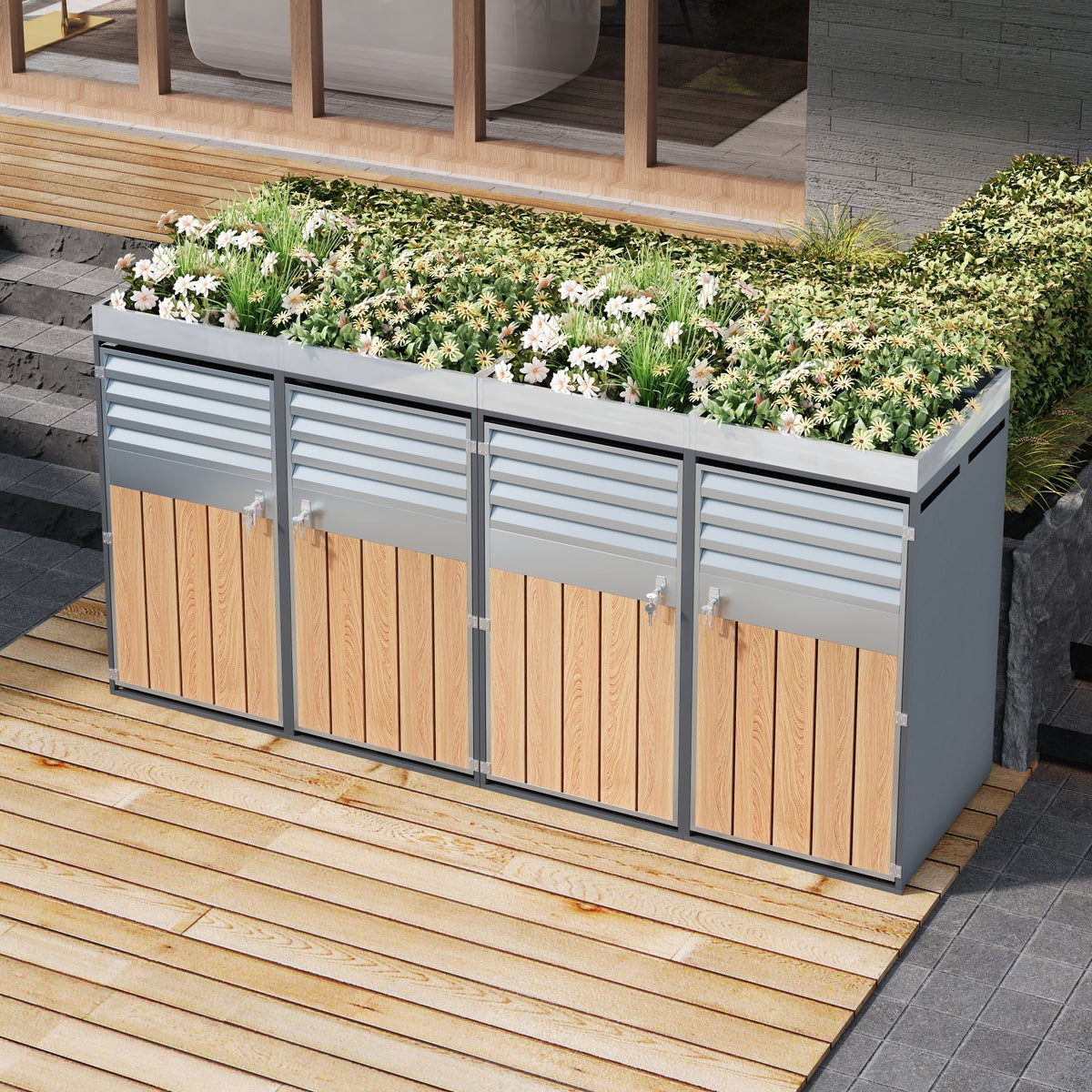 Garbage Can Enclosure with Ventilated Louvers, Lockable Four Doors and Planting Area, Galvanized Steel
